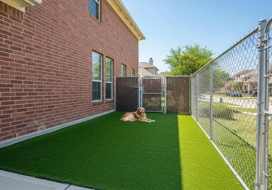 Well-maintained artificial turf in a residential dog run in Tomball, TX