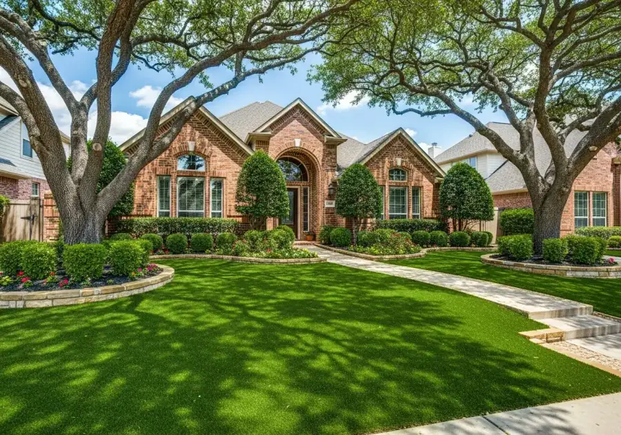 Beautiful artificial turf front lawn of a suburban home in Pasadena, TX