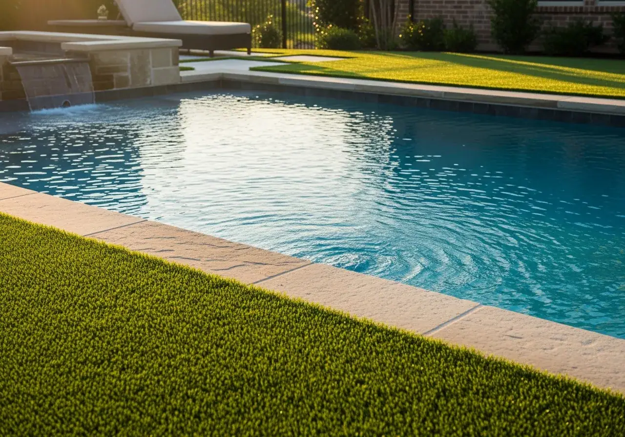 Immaculate artificial turf surrounding a backyard swimming pool in Spring, TX