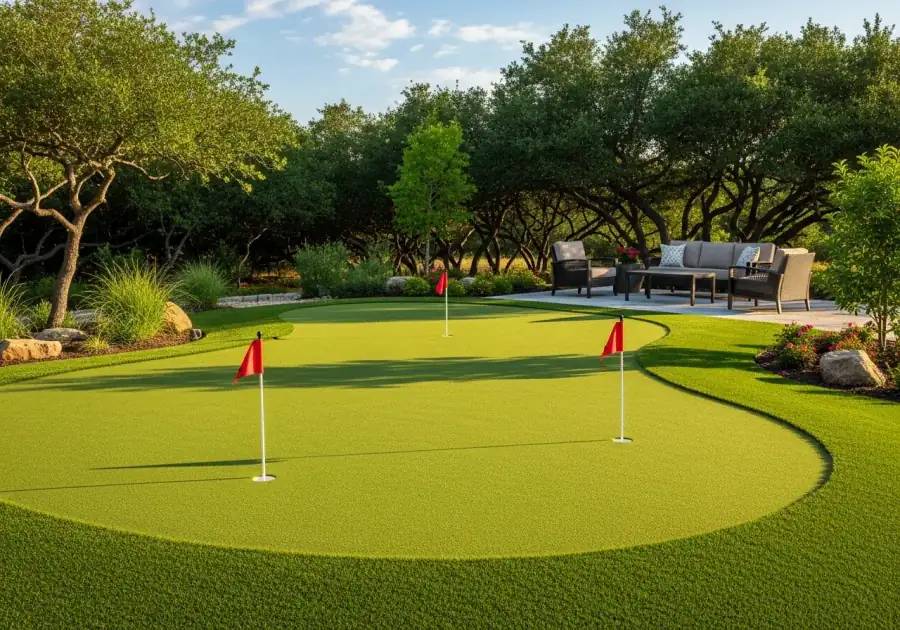 Residential artificial turf putting green in a Channelview, TX backyard