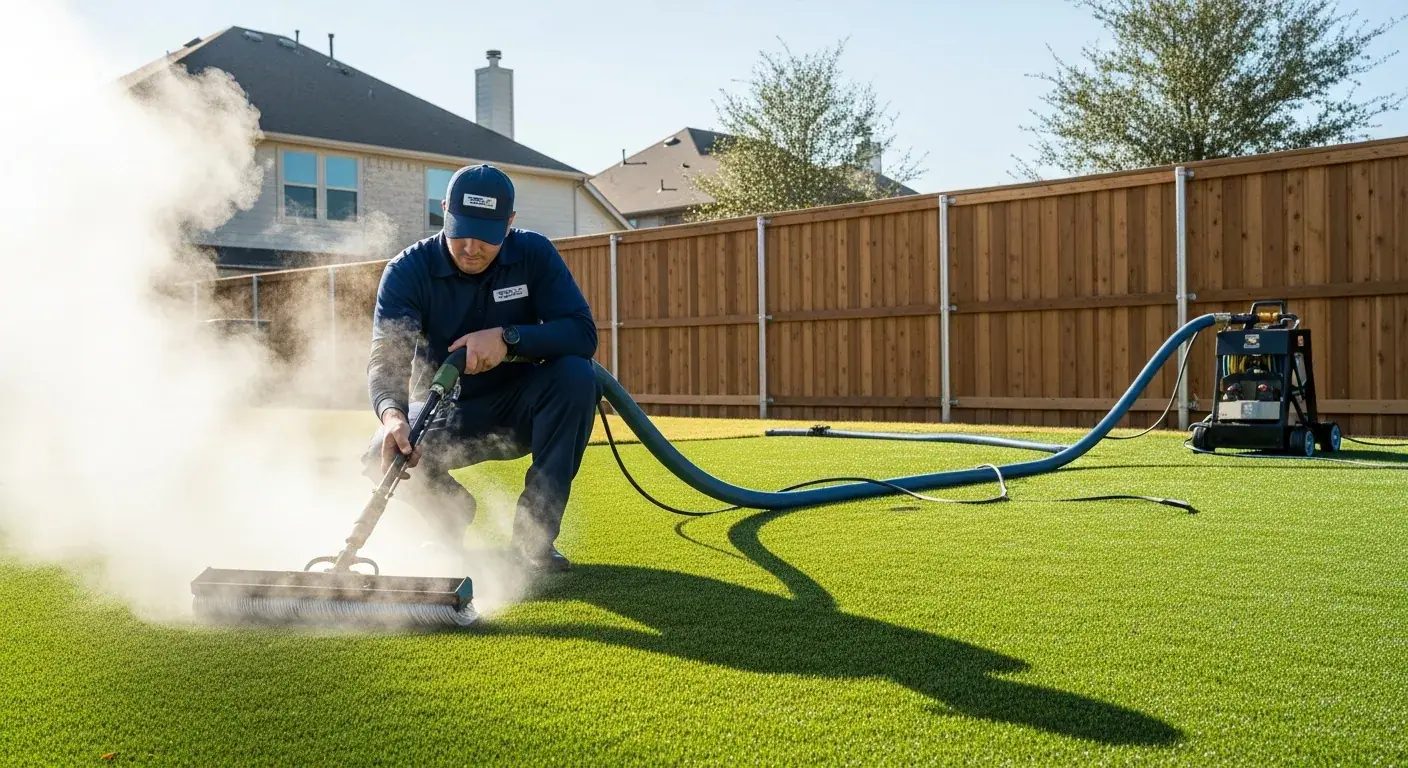 Professional technician operating commercial extraction equipment to deep clean and rebloom artificial turf in a Houston backyard