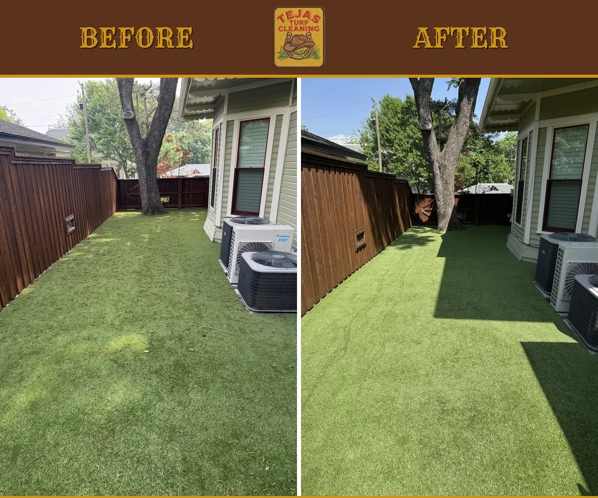 Before and after of a professional deep clean on artificial turf beside a backyard fence — matted, debris-covered turf restored to bright upright fibers