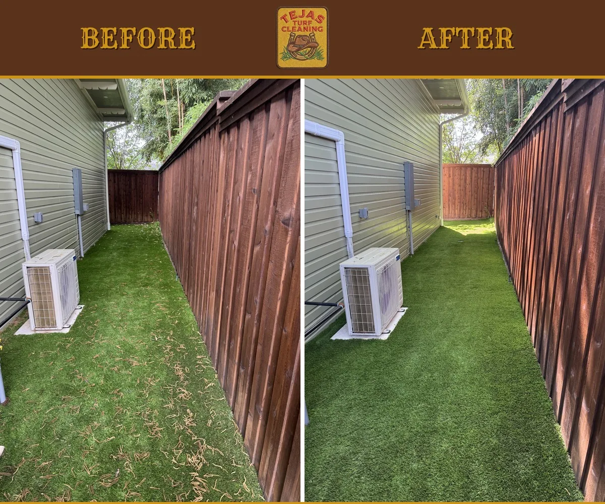 Before and after of a side-yard pet turf cleaning — odor and debris eliminated for Jersey Village, TX pet owners