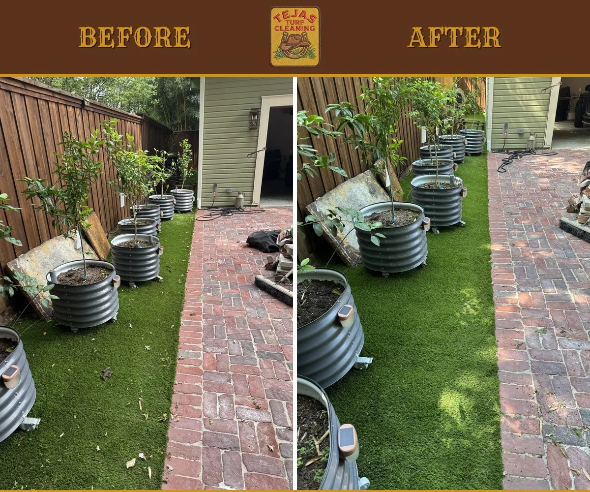 Before and after of turf grooming along a brick patio — professional turf care for Channelview, TX properties
