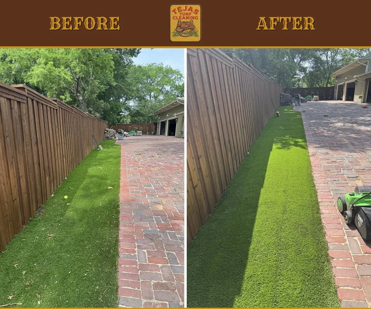 Before and after of a restored artificial turf strip along a wooden fence and brick driveway — turf revived to a clean, uniform finish