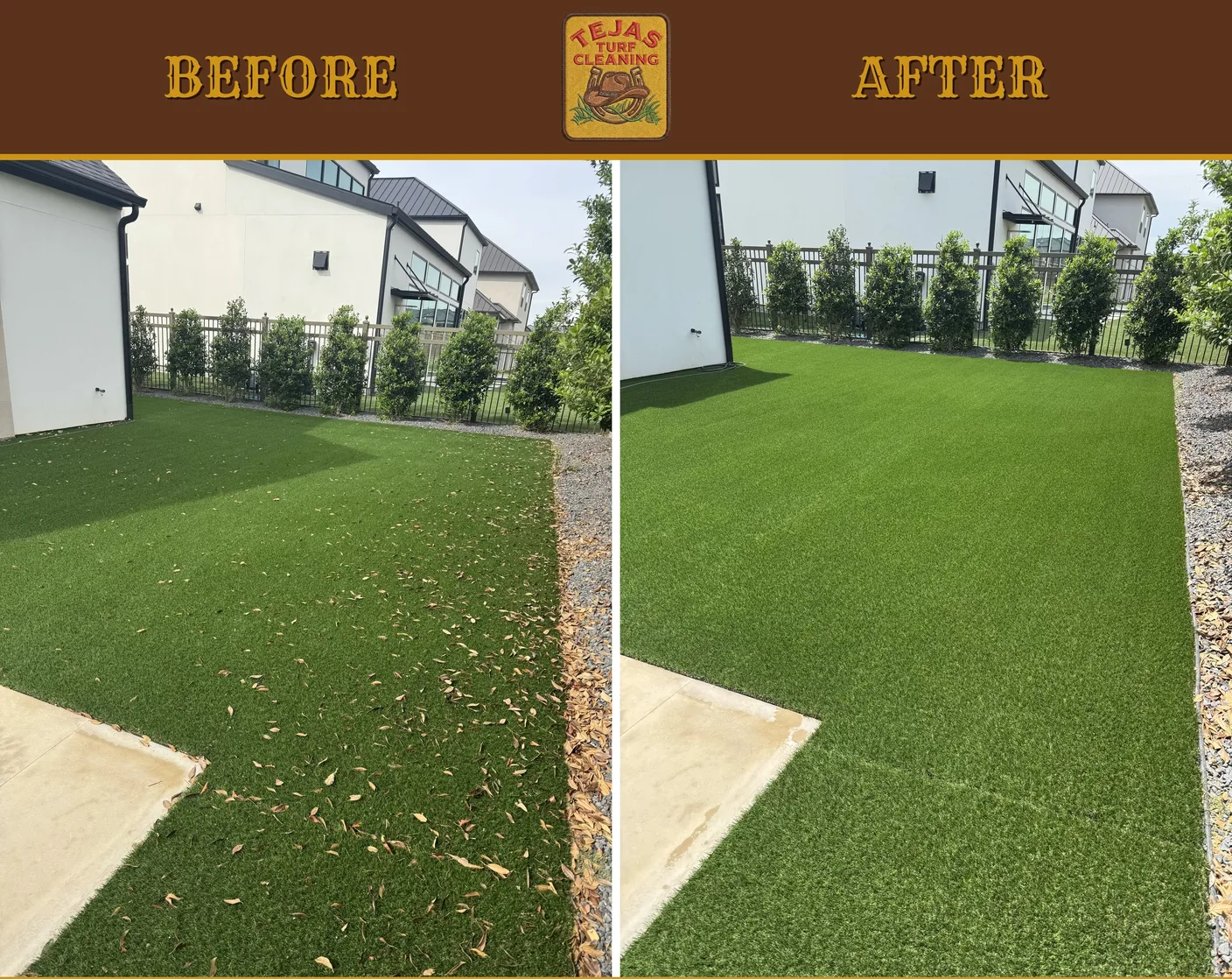 Before and after of a professional artificial turf cleaning on a modern backyard lawn — results like these for Atascocita, TX homeowners