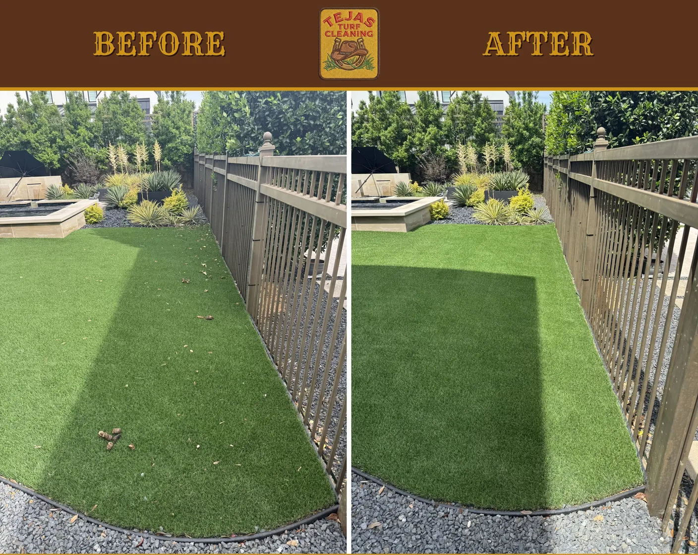 Before and after of a residential artificial turf deep clean — the same transformation available in The Woodlands, TX