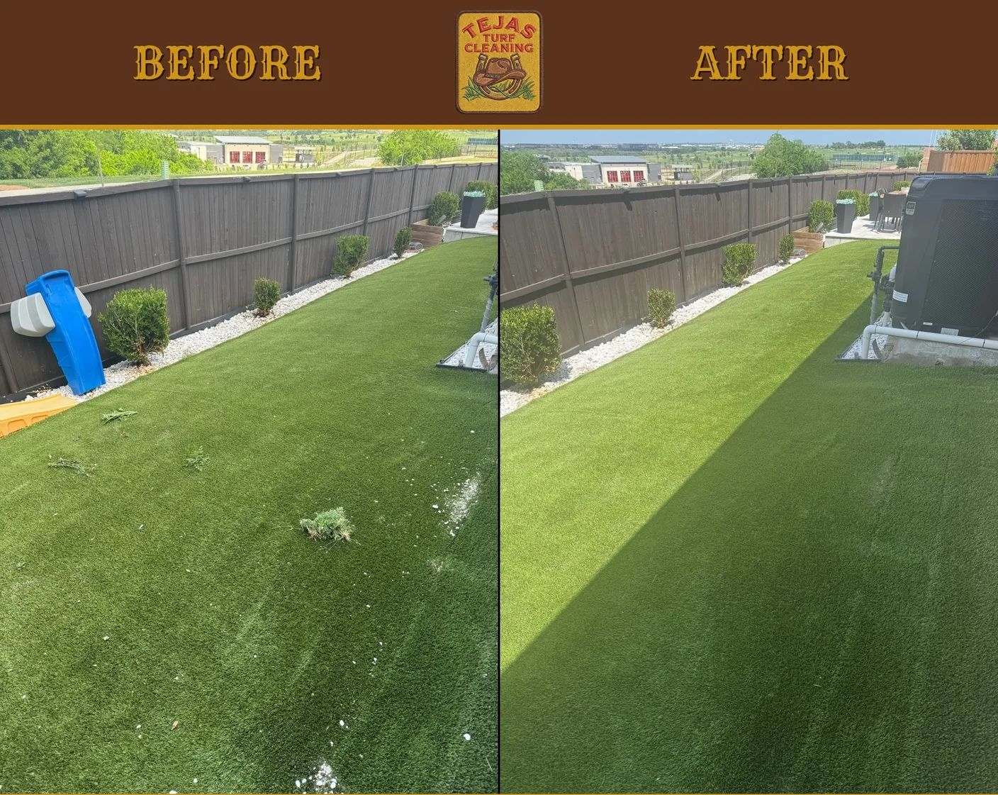Before and after of a backyard turf cleaning and reblooming — professional results for Tomball, TX yards