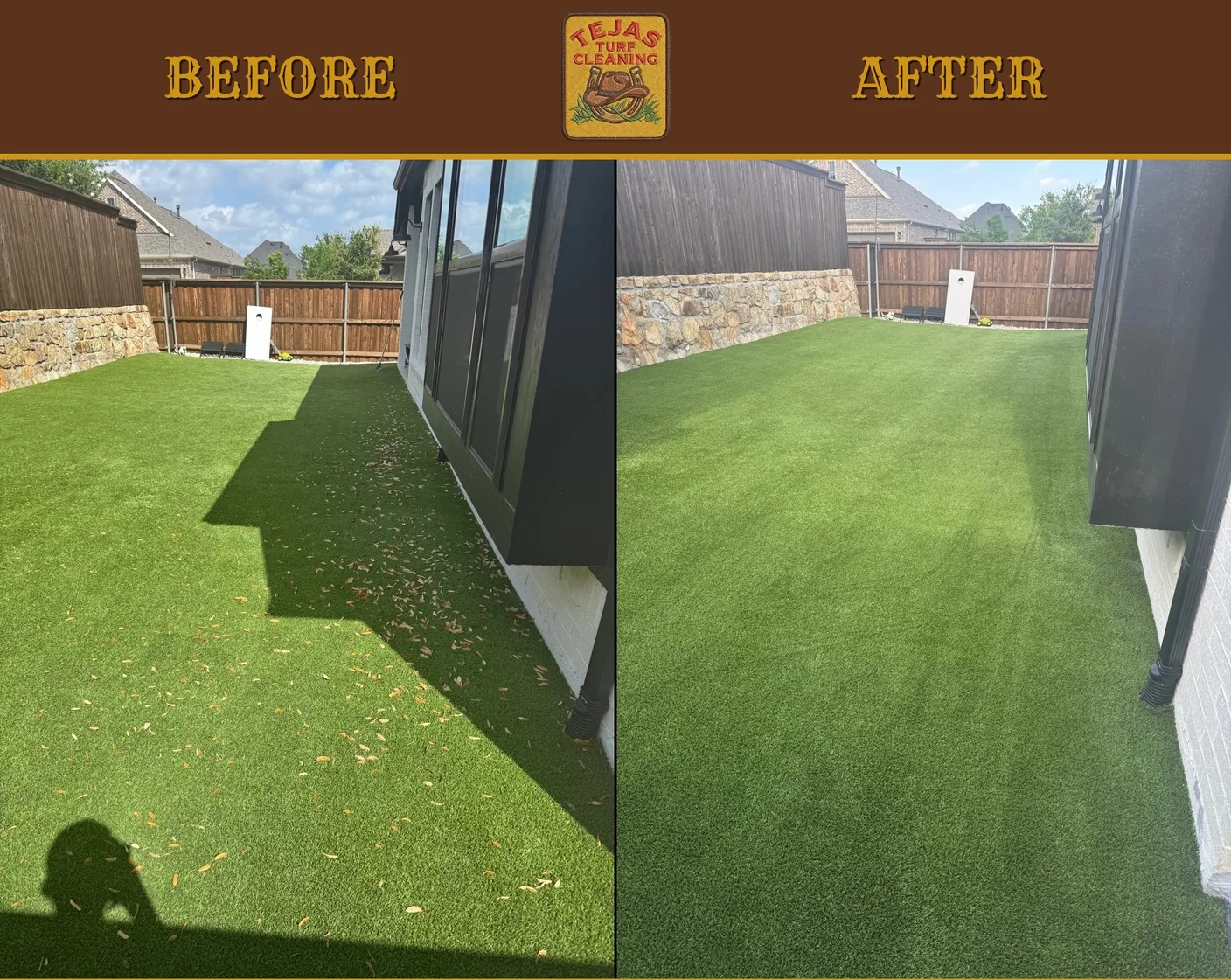 Before and after of an artificial grass restoration — matted turf brought back to life for Sugar Land, TX homeowners